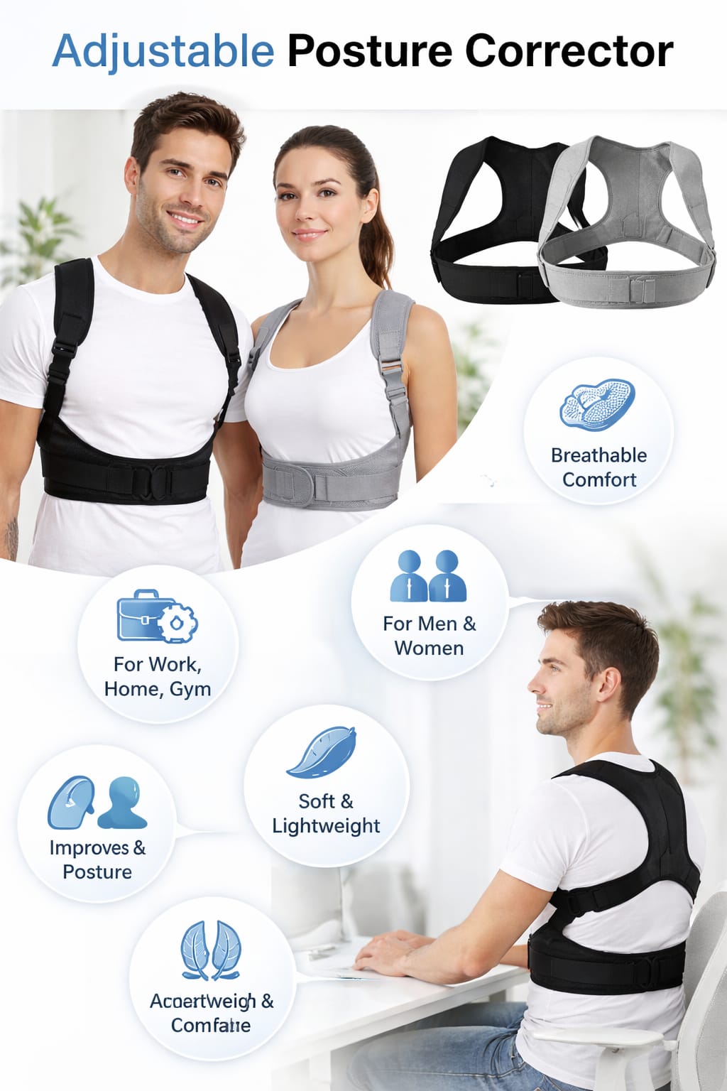 Adjustable Posture Corrector for Men & Women – Back & Shoulder Support